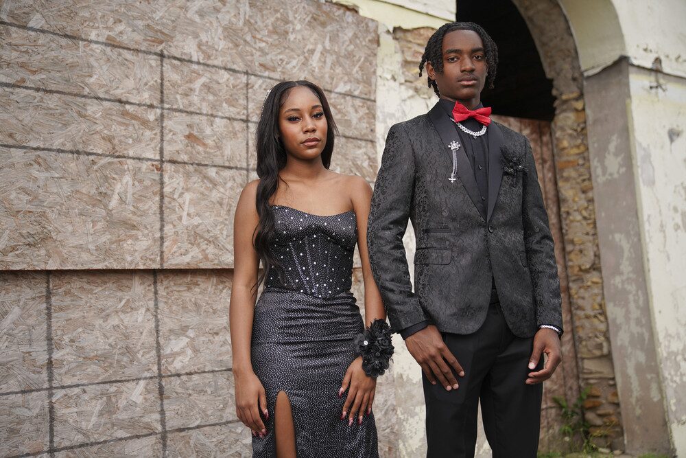 Jalen Jackson and his prom date in a formal standing portrait